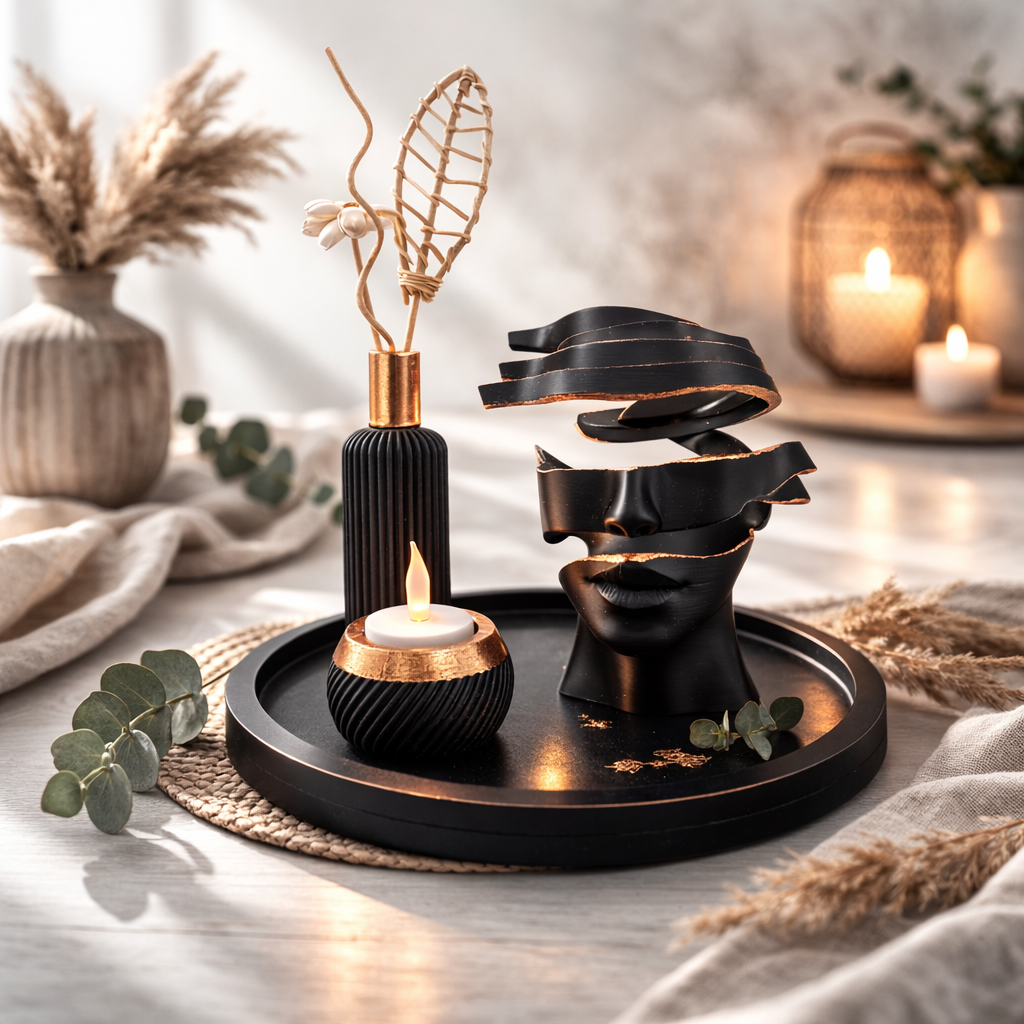 Decoratief arrangement in zwart en goud: sculptuur van een doorgesneden hoofd, kaars, vaas met planten op een dienblad.
complete woondecoratie set