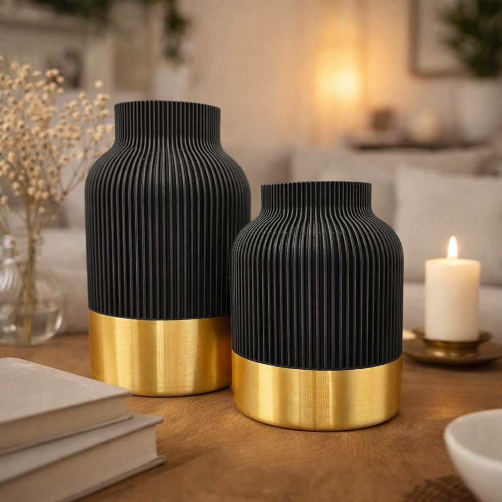 Twee zwarte en gouden decoratieve vazen ​​op een houten tafel, naast een brandende kaars.
