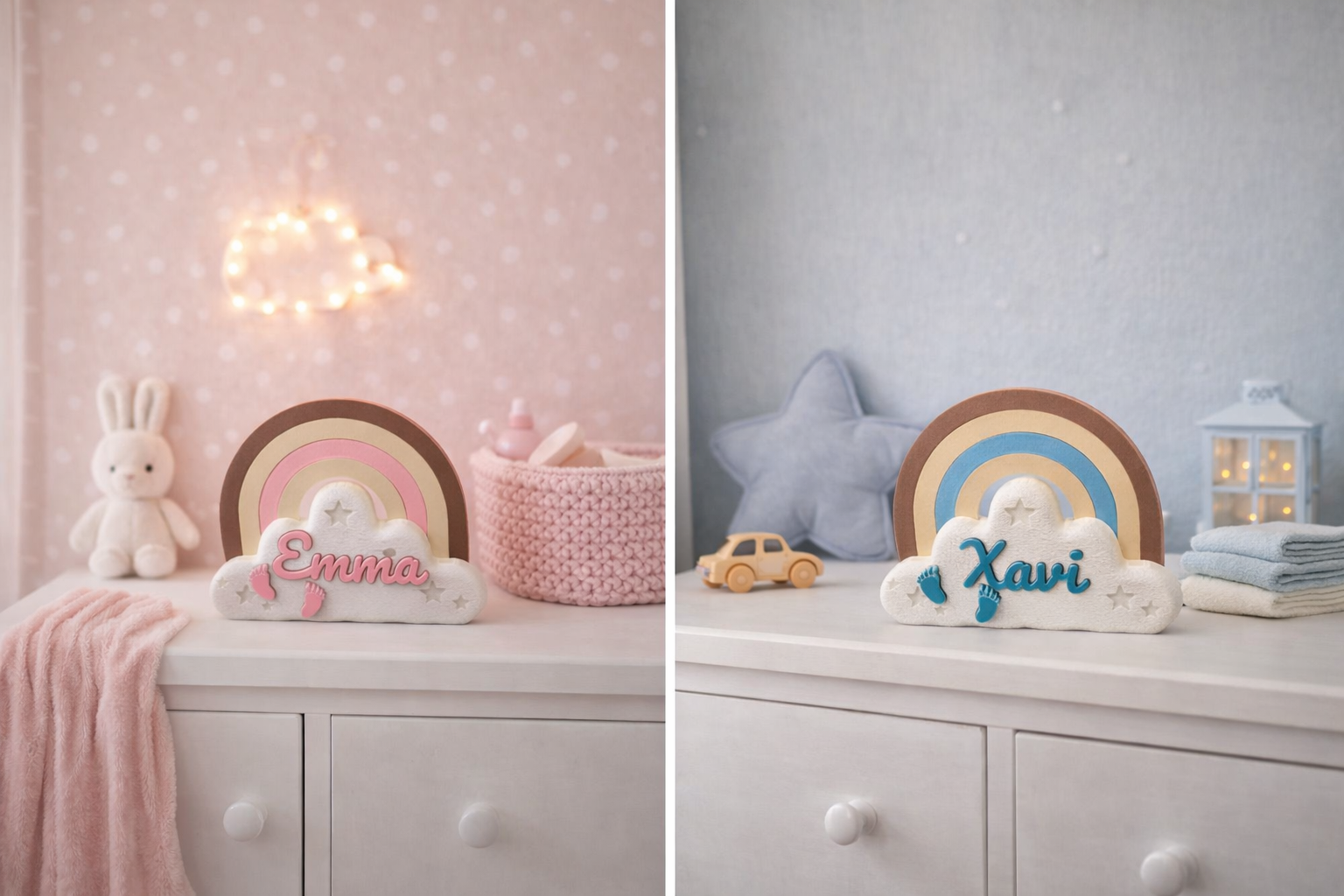 Een decoratief plankbordje in de vorm van een witte wolk en een bruin-blauwe regenboog, met de naam 