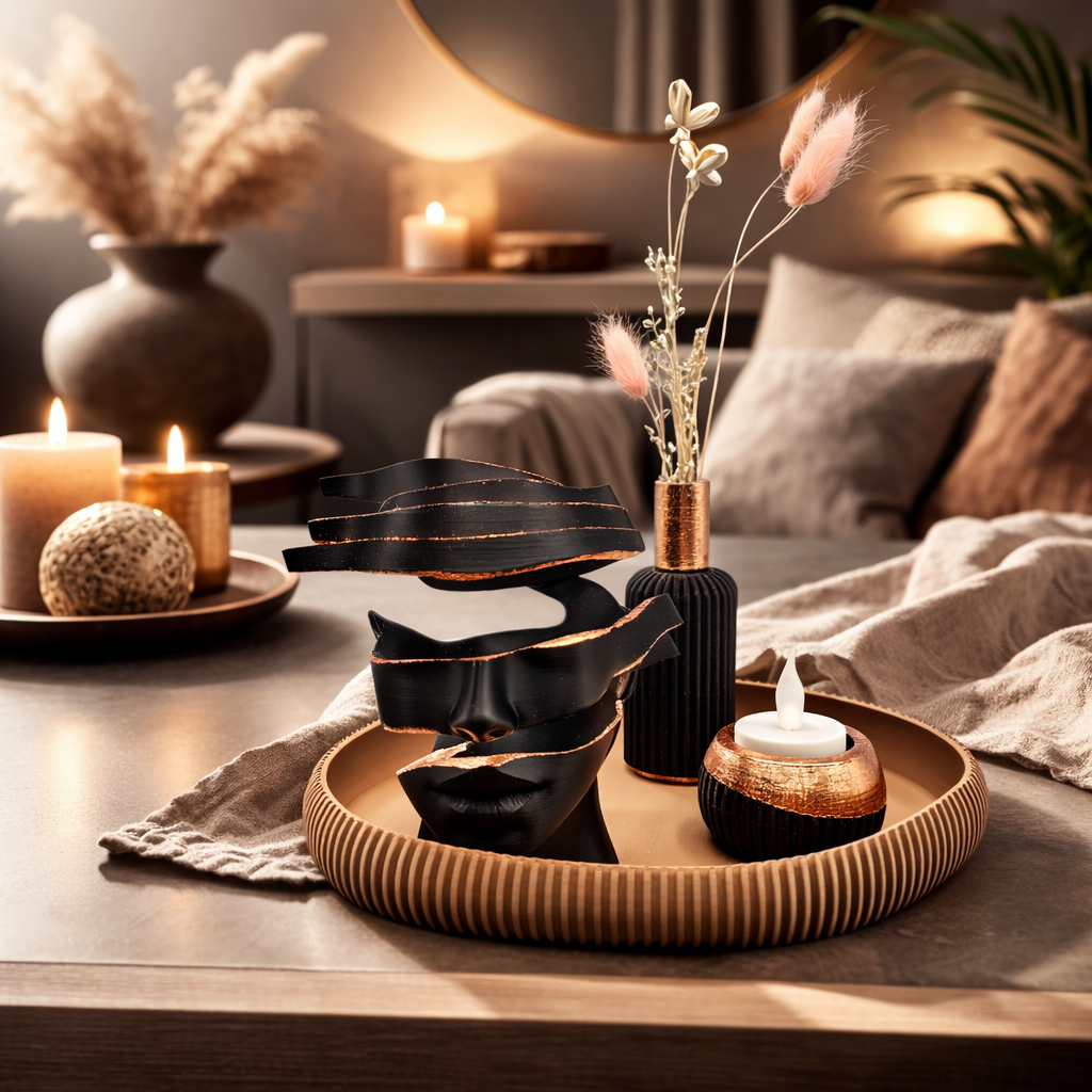 Een decoratieve abstracte sculptuur in zwart en goud, een vaas met gedroogde planten en een kaars op een rond, gestructureerd houten dienblad.