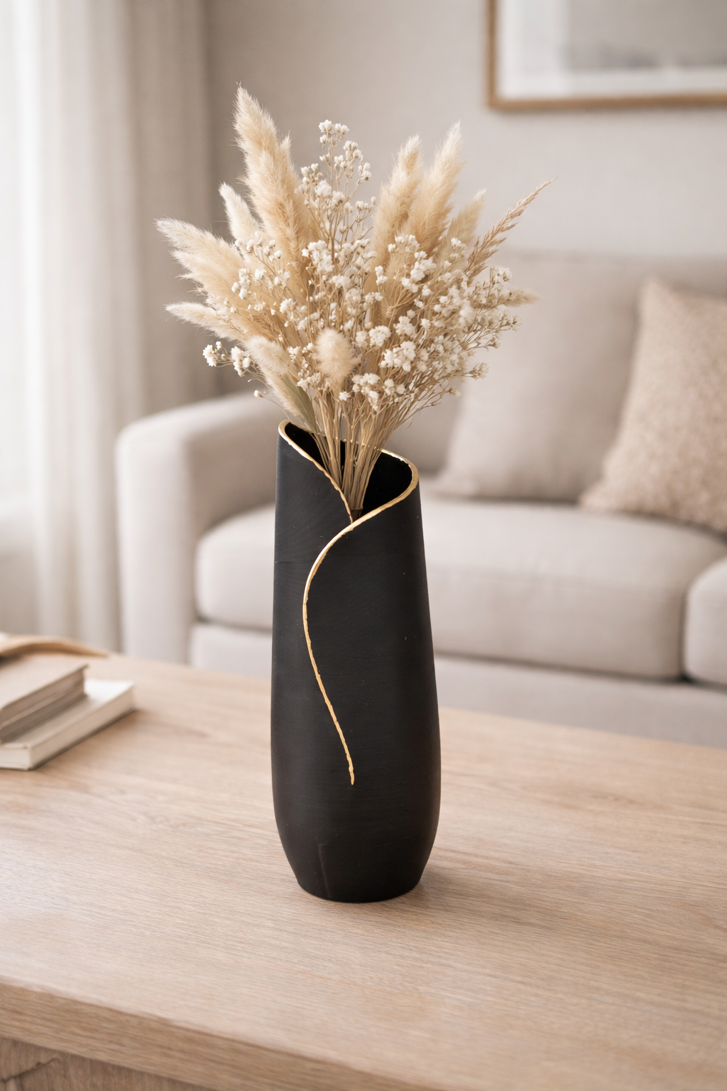 Zwarte vaas met gedroogde bloemen op een houten tafel, beige bank op de achtergrond.