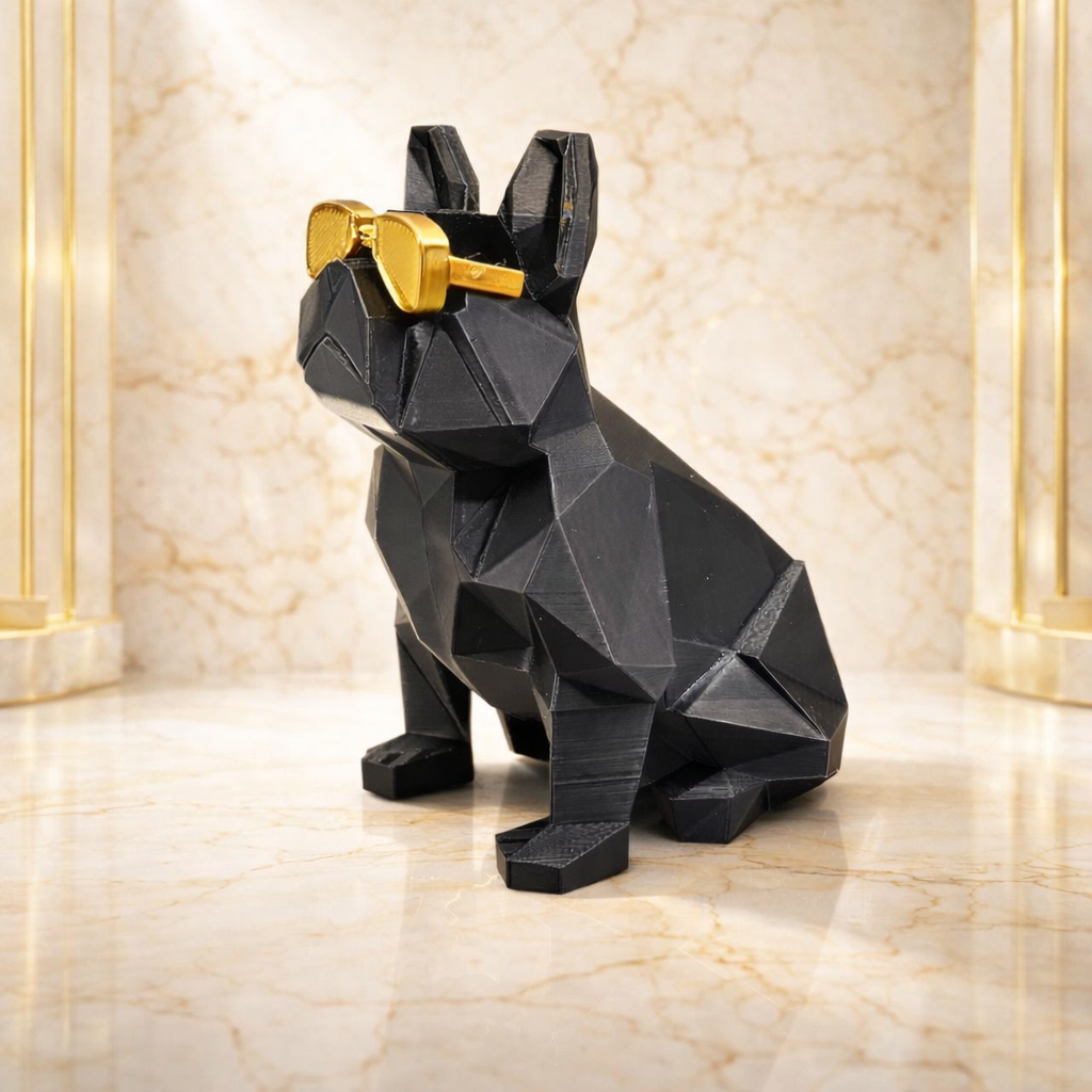 Zwart geometrisch bulldogbeeld met gouden zonnebril.
