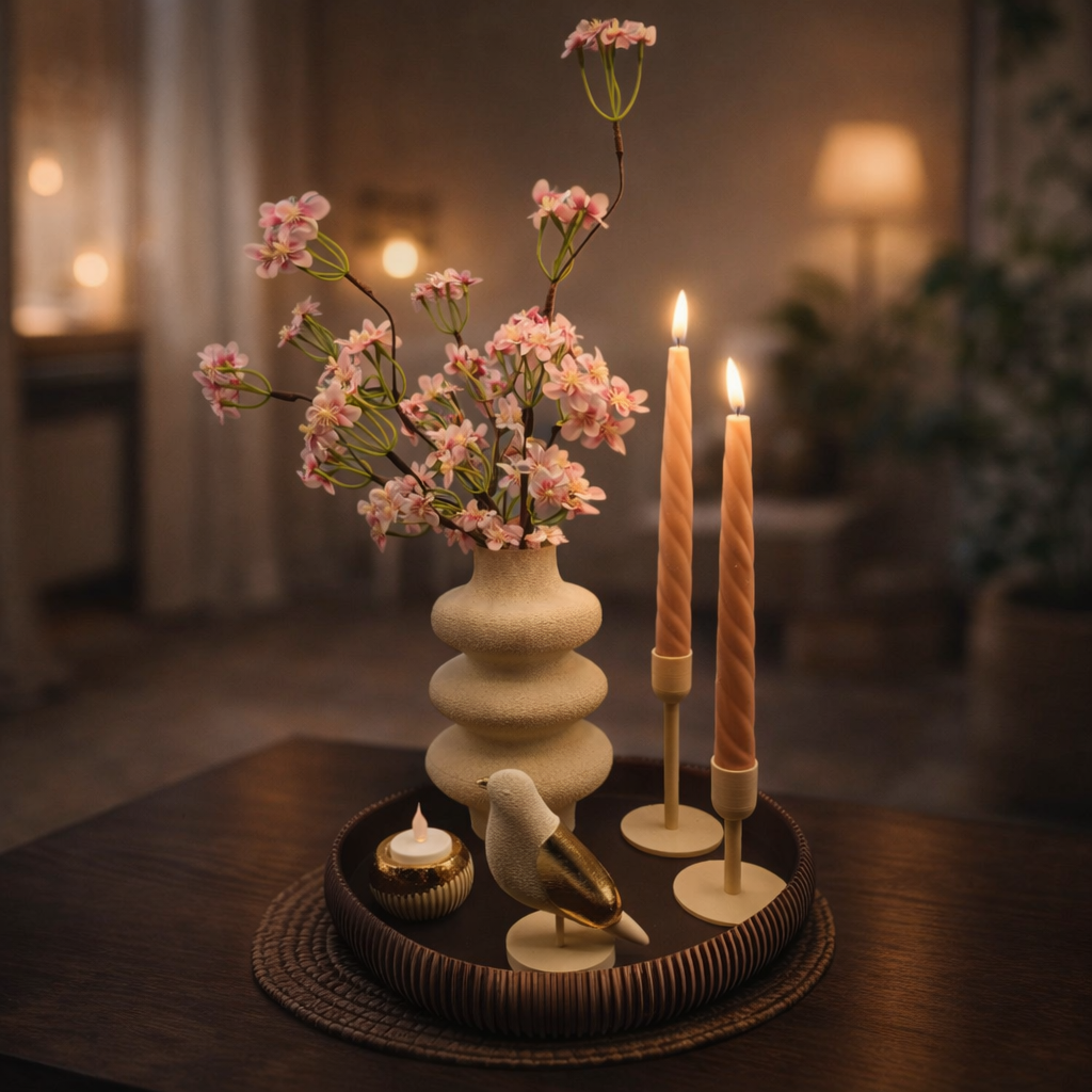 Op een ronde schaal op een marmeren tafel staan ​​een vaas met een bijzondere textuur gevuld met roze bloesem, twee spiraalvormige kaarsen, een vogelornament en nog een kaars.