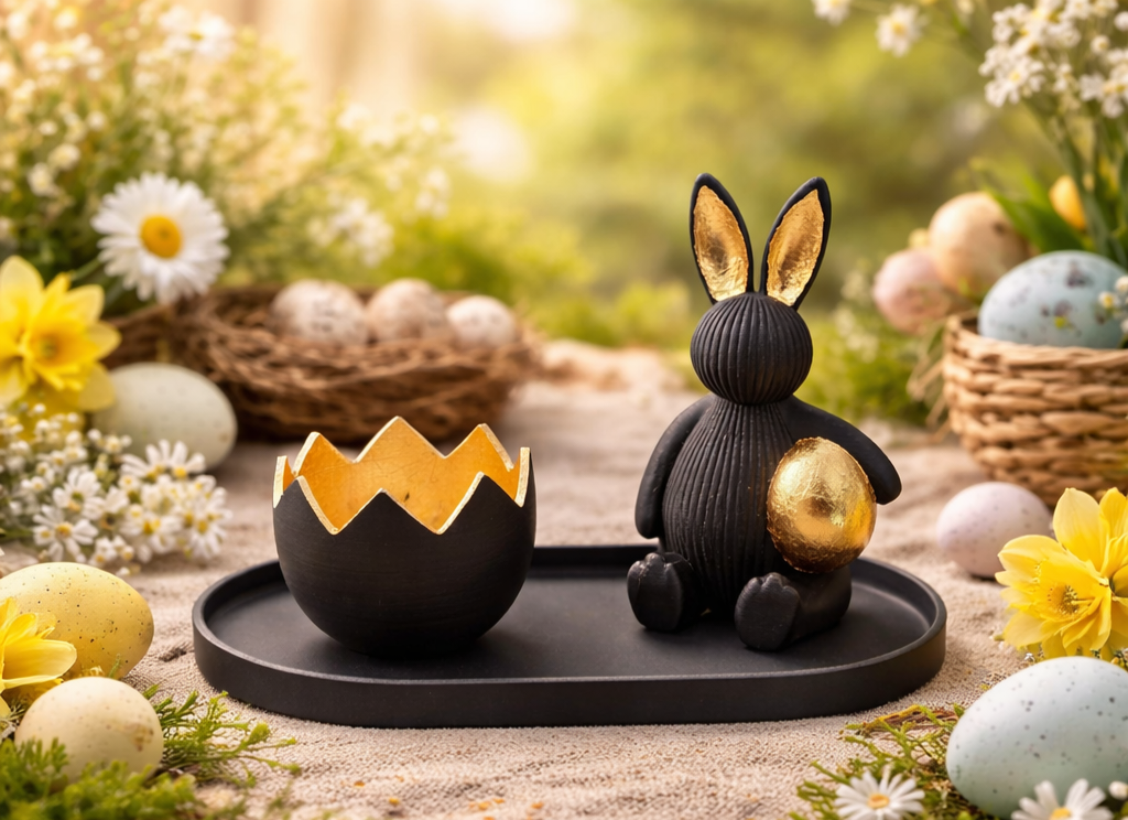 Een zwart konijn met een gouden ei in zijn handen, naast een eivormige kom met een gouden binnenkant, op een dienblad met paaseieren en bloemen.