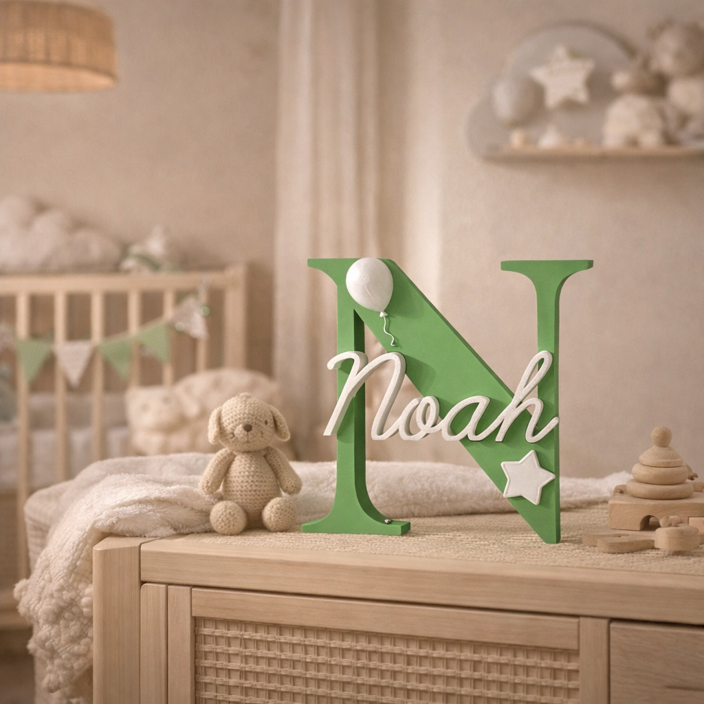 Een groene houten letter N met 