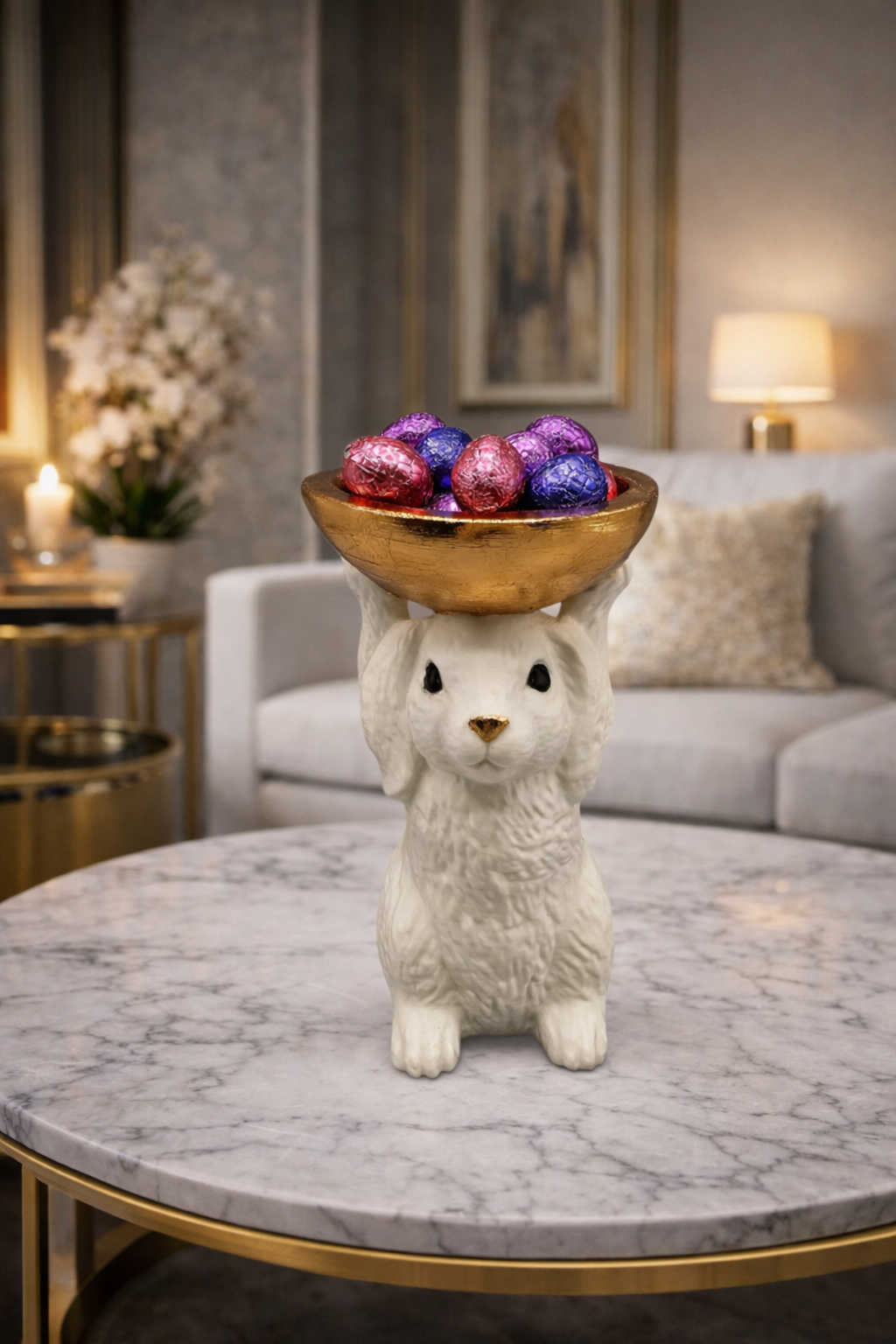 Wit konijntje met een kom paaseieren. Mandje met eieren en bloemen op een houten tafel.