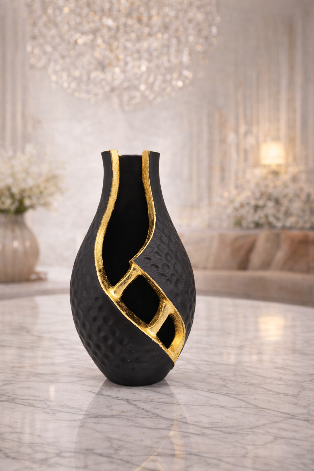 Zwarte vaas met gouden accenten op een marmeren tafel; interieursetting.