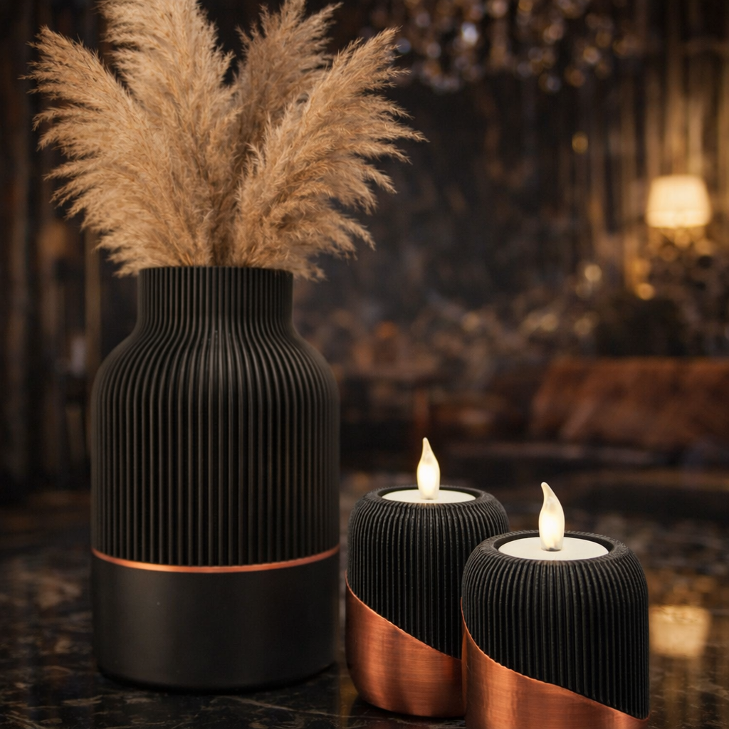 Zwarte vaas met pampasgras en twee kandelaars met flikkerende lichtjes. Koperen accenten.