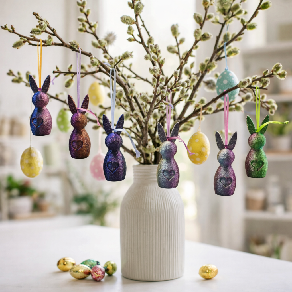 Vijf glinsterende konijntjes in de kleuren paars, bruin, blauw, grijs en groen hangen aan een wilgentak met paaseieren.