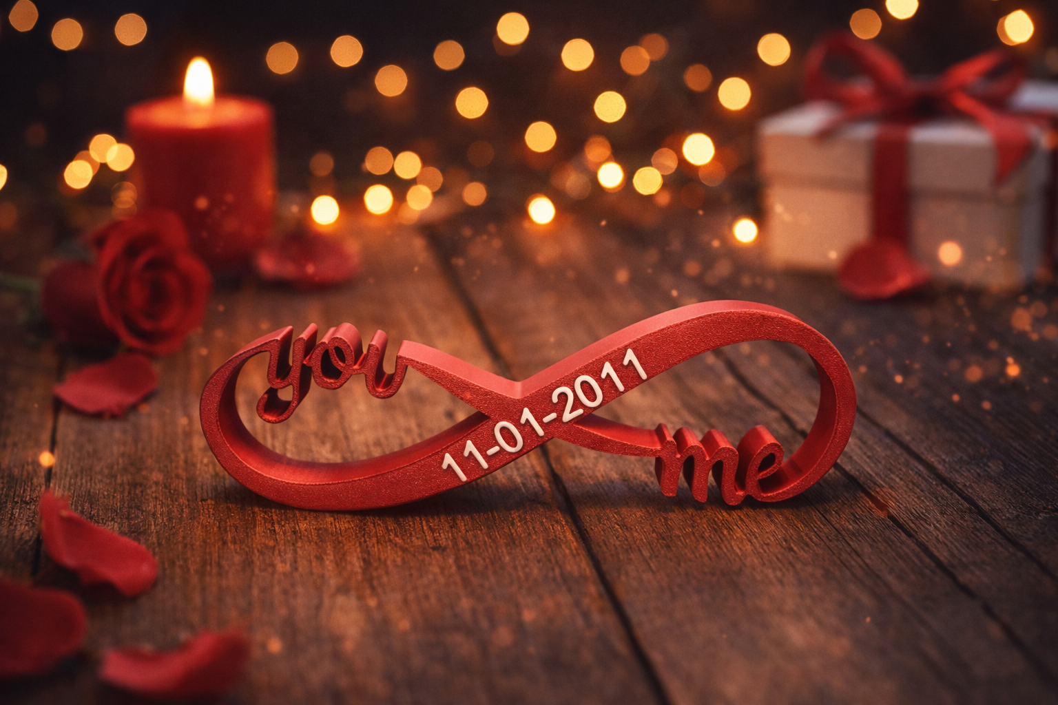 Een rood oneindigheidssymbool staat op een houten ondergrond met de tekst 