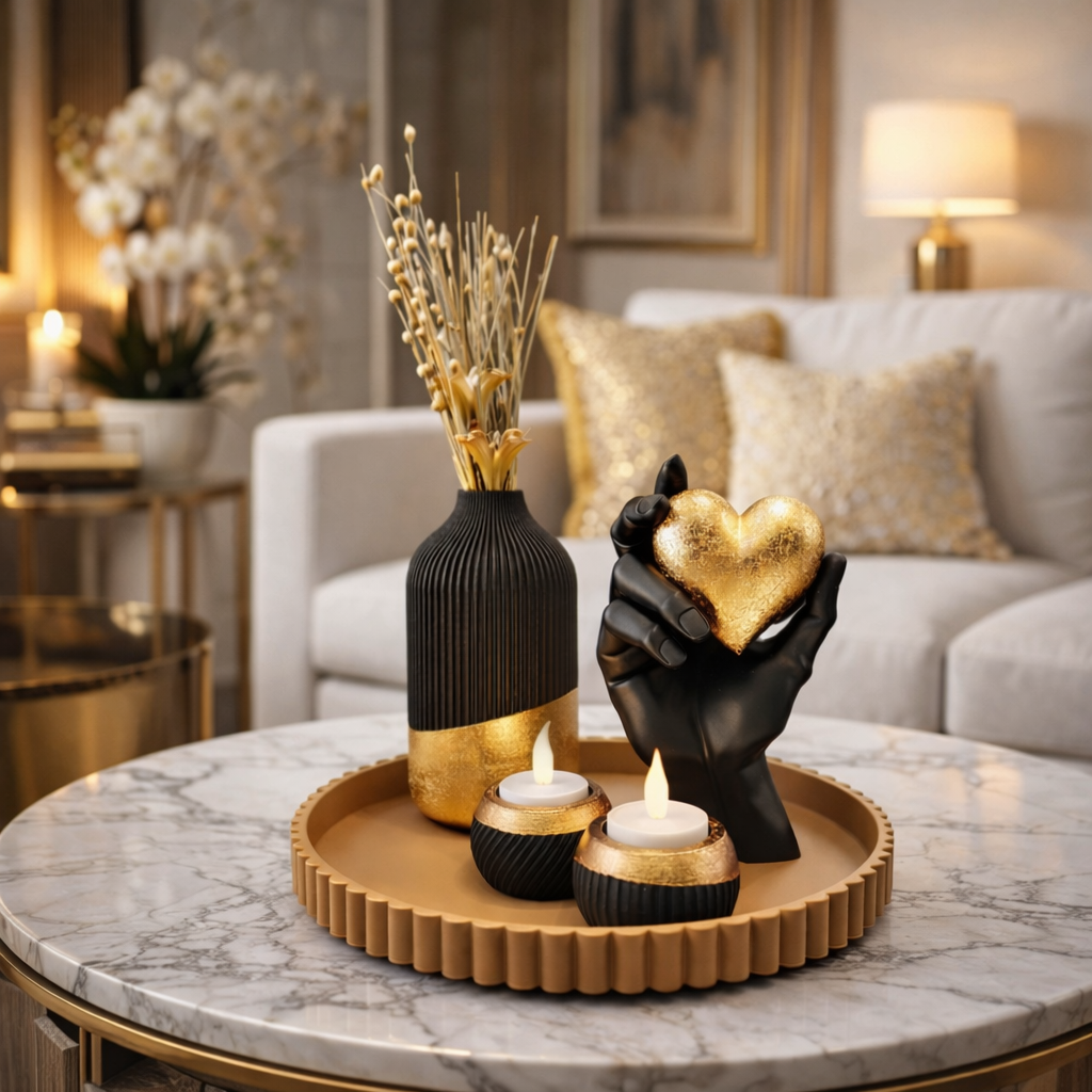 Een woonkamerscène met een salontafel waarop een vaas, kaarsen en een hartvormig voorwerp staan.