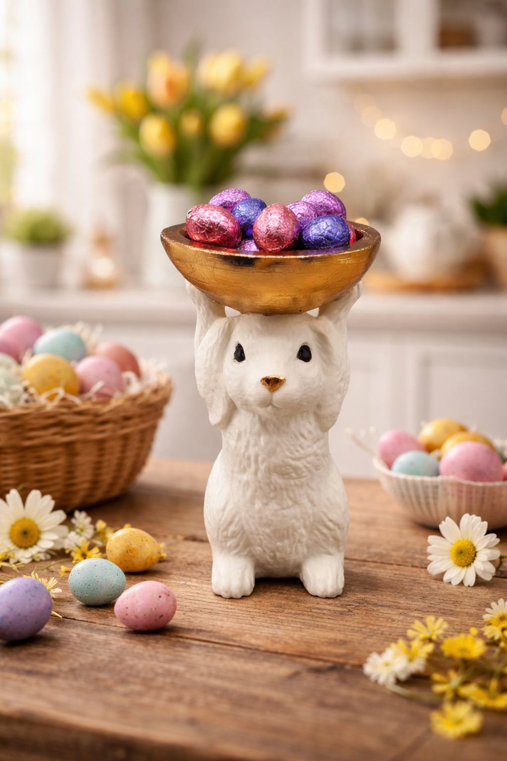 Wit konijntje met een kom paaseieren. Mandje met eieren en bloemen op een houten tafel.