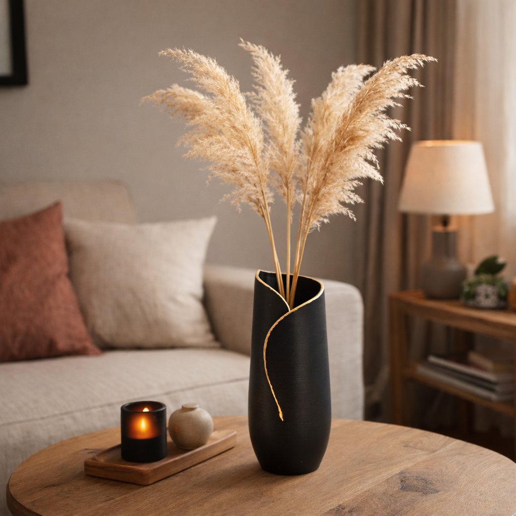 Een zwarte vaas met pampasgras staat op een houten tafel. Een kaars en een beige bol staan ​​ernaast. Op de achtergrond zijn een bank en een lamp te zien.