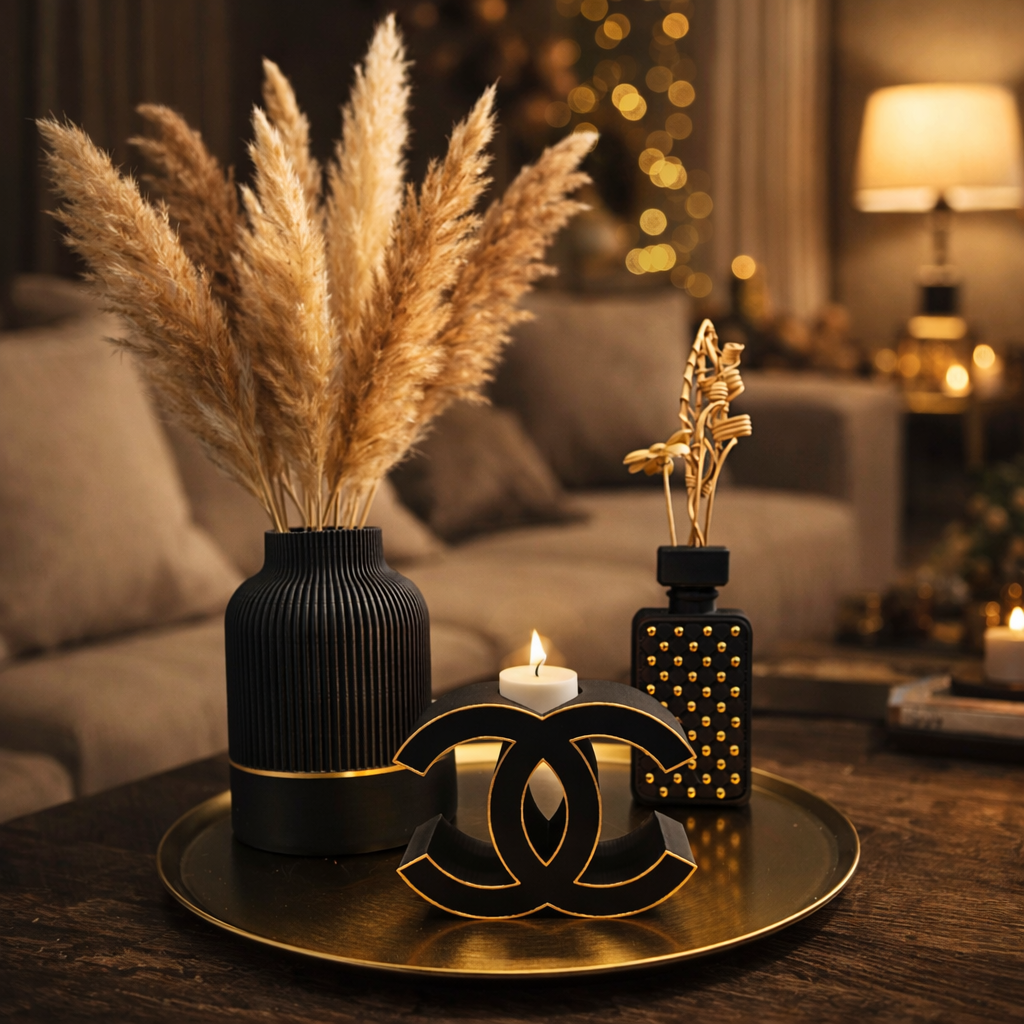 Salontafel met kaarsen, zwart dienblad, Chanel-logo en decoratieve vaas. Warme verlichting, neutrale tinten.