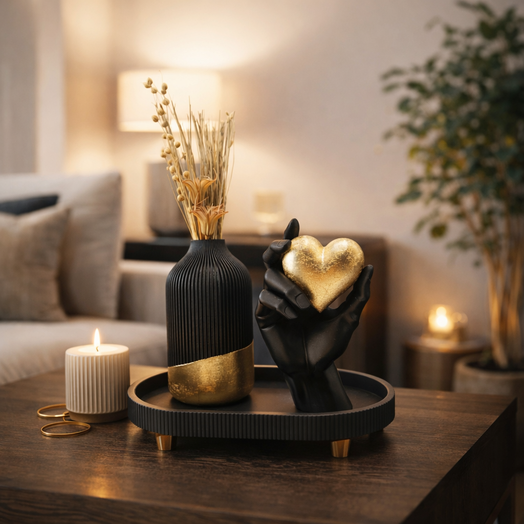 Decoratief tafelarrangement met een zwart-gouden vaas en een hand die een gouden hart vasthoudt.