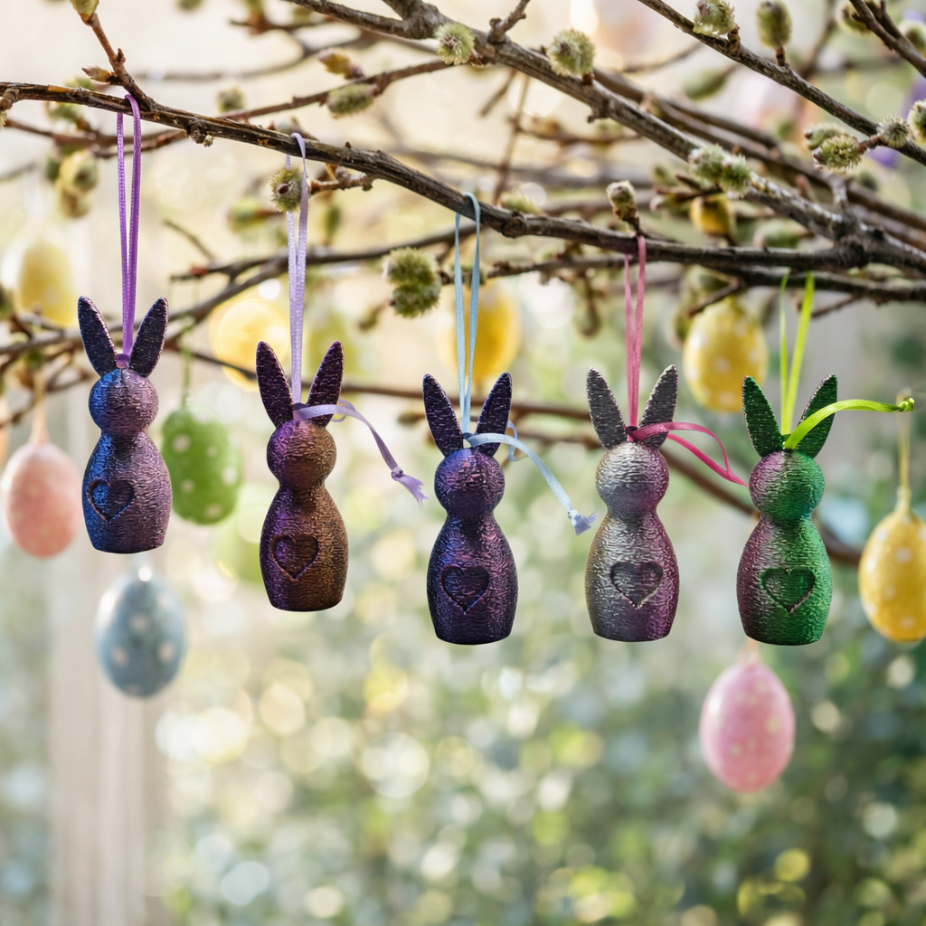 Vijf glinsterende konijntjes in de kleuren paars, bruin, blauw, grijs en groen hangen aan een wilgentak met paaseieren.