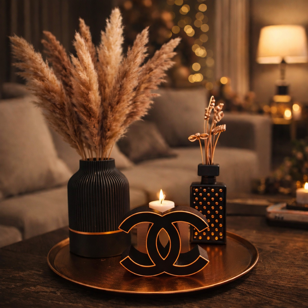 Een warme, gezellige woonkamerinrichting met kaarsen, vazen ​​en pampasgras op een rond dienblad.