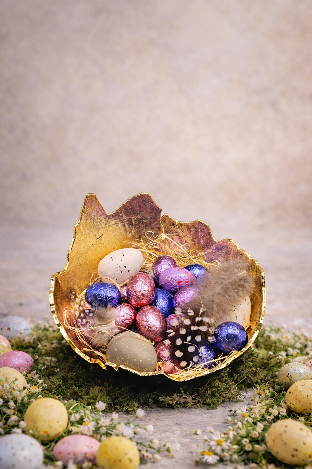 Een goudgerande, gebarsten eierschaal gevuld met in folie verpakte chocolade-eieren en veren, geplaatst op mos met verspreide gespikkelde eieren.