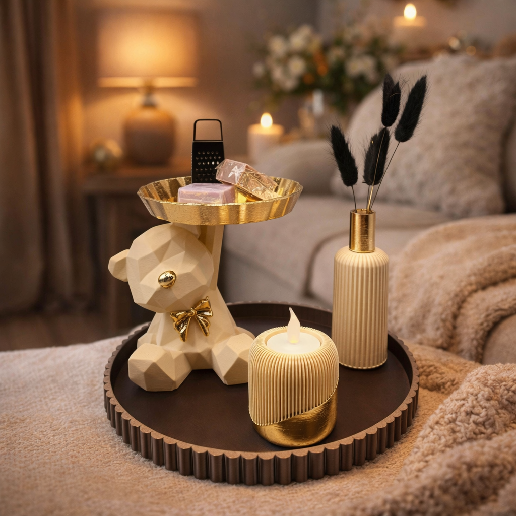 Op een decoratief dienblad staan ​​een geometrische beerfiguur met een gouden onderlaag, een geribbelde kaars en een vaas met gedroogde zwarte stengels.