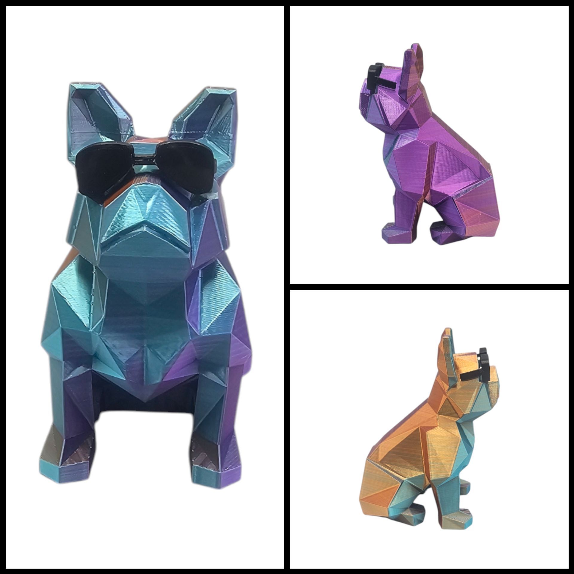 Drie veelhoekige hondenfiguurtjes in iriserende kleuren; één draagt ​​een zonnebril.