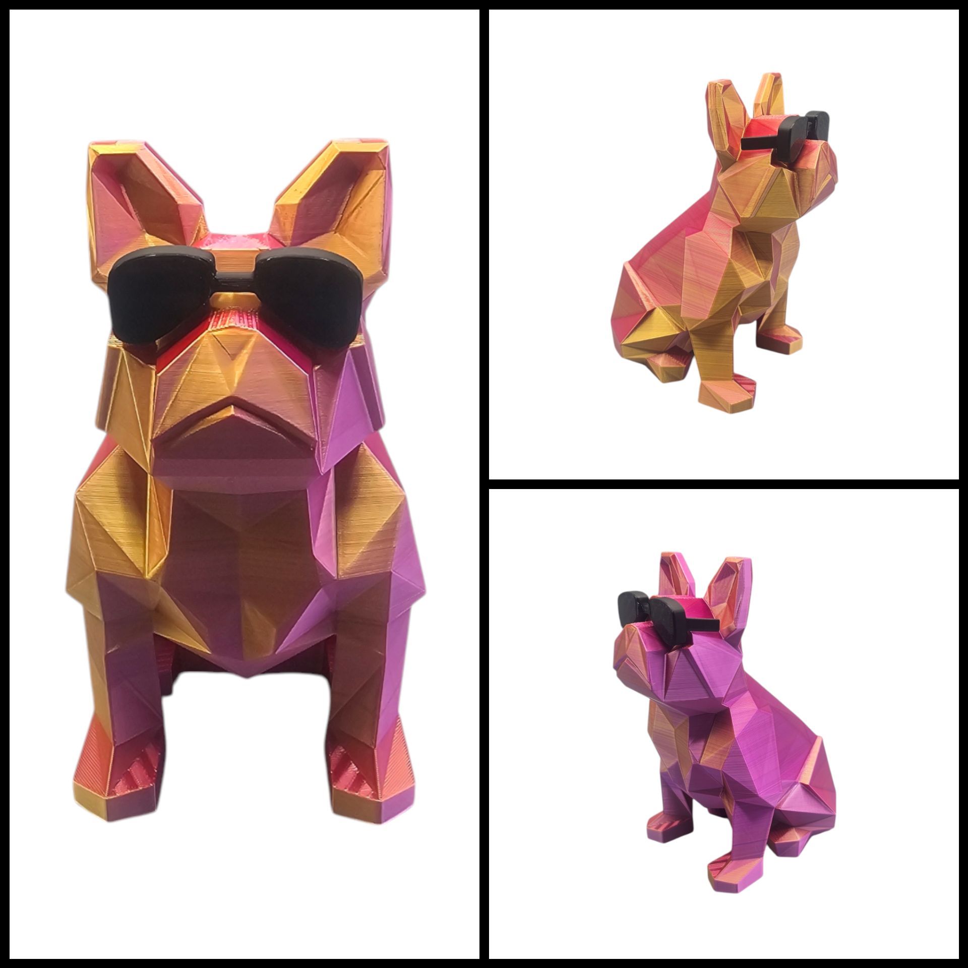 Geometrisch hondenbeeld met zonnebril, in roze en goud, met drie verschillende aanzichten.