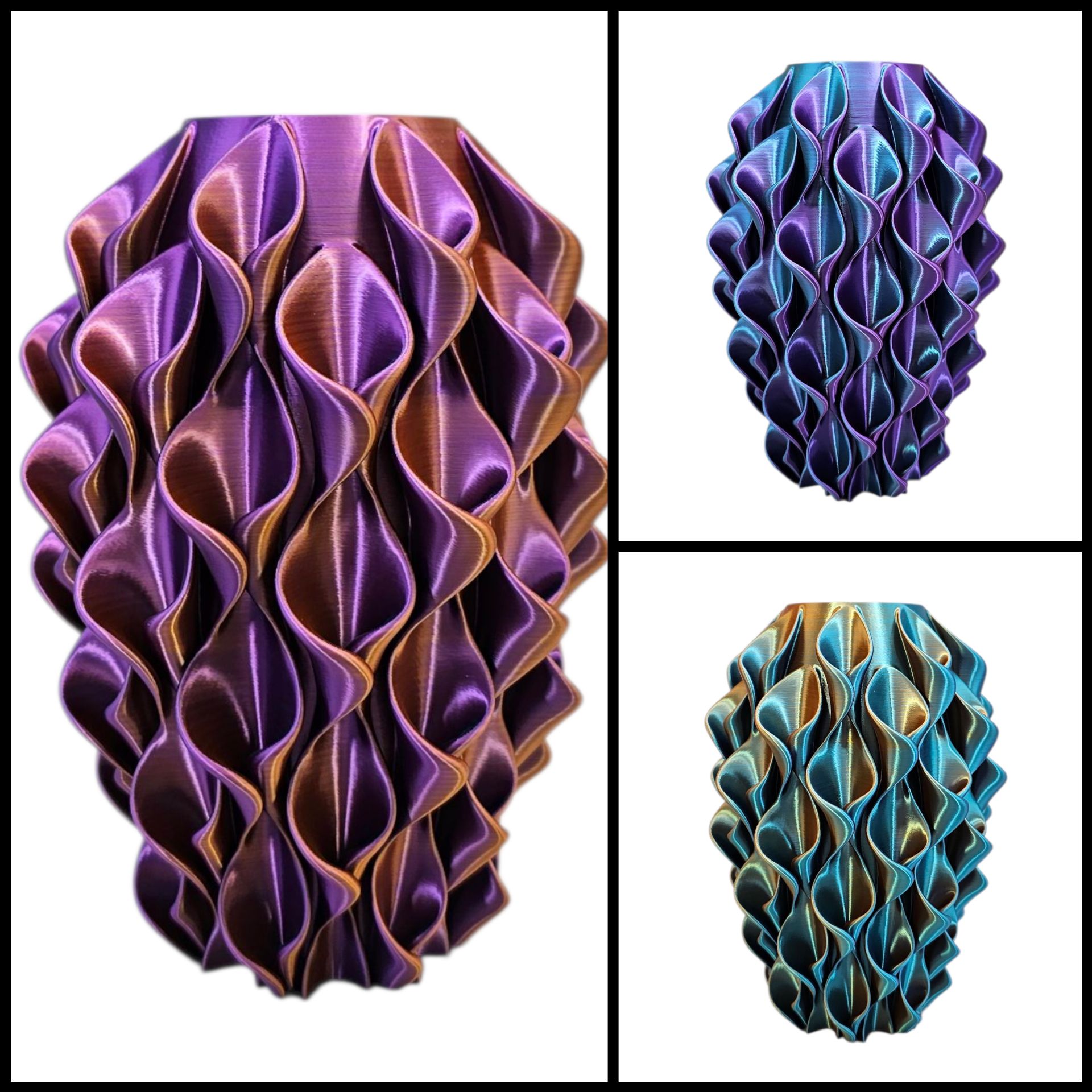 Drie 3D-geprinte vazen met een gegolfd, gelaagd ontwerp. De kleuren zijn paars/brons, blauw/paars en turquoise/brons.