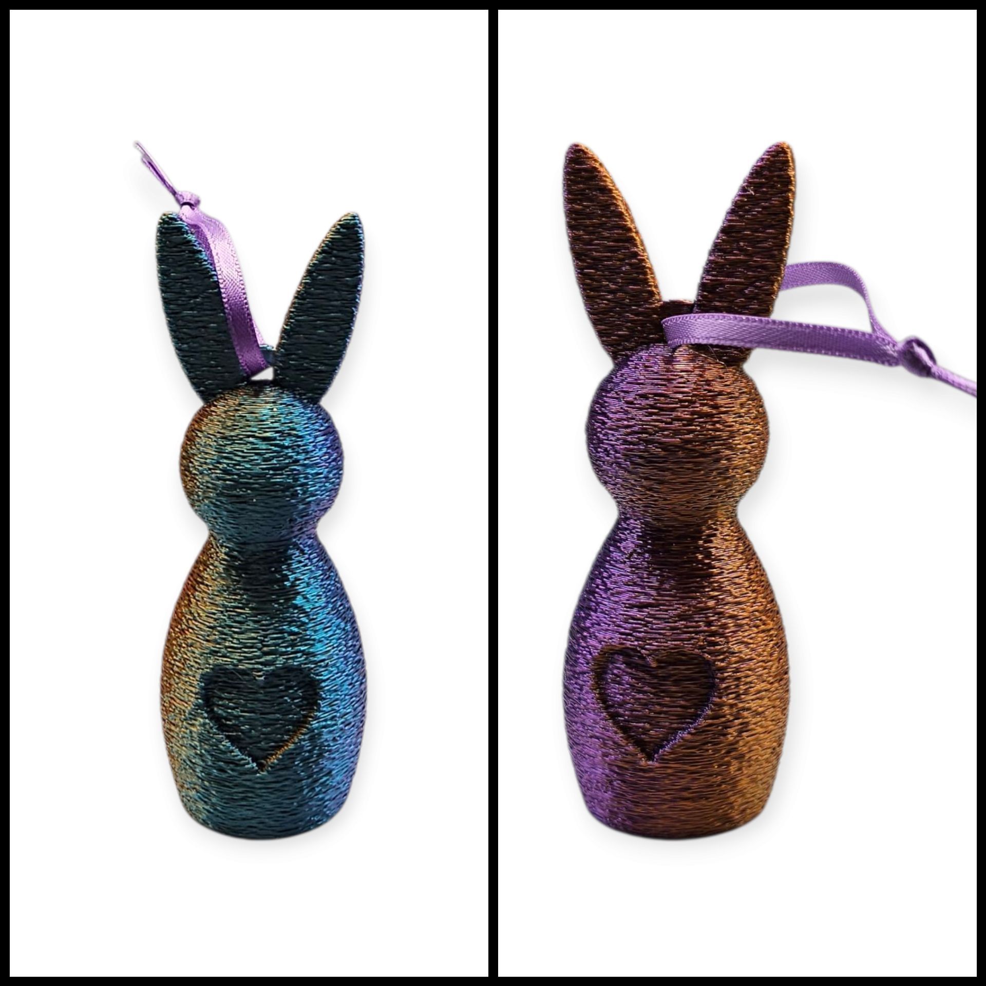 Twee iriserende, gestructureerde konijnenornamenten met hartvormige uitsparingen, elk met een paarse lintlus.