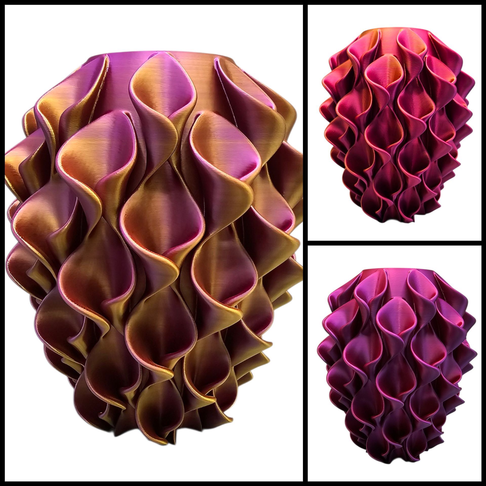 Een vaas met een herhalend, bloembladachtig gestructureerd oppervlak, weergegeven in drie verschillende metallic, kleurveranderende afwerkingen.