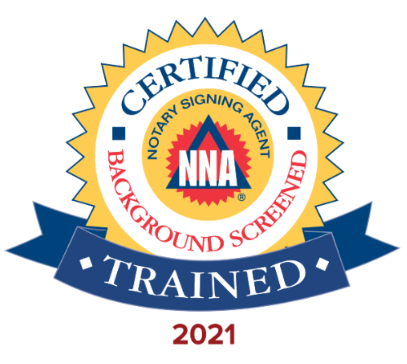 Certified Notary Signing Agent badge. Yellow, blue, and red colors.