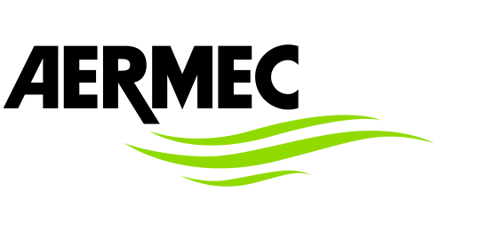 Logo AERMEC: testo nero con grafica a onda verde.