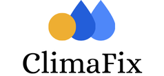 Logo con un cerchio giallo, due gocce d'acqua blu e la scritta "ClimaFix".