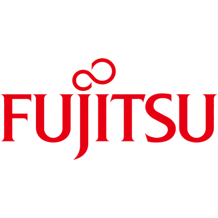 Logo Fujitsu: testo e simbolo rossi su sfondo bianco.