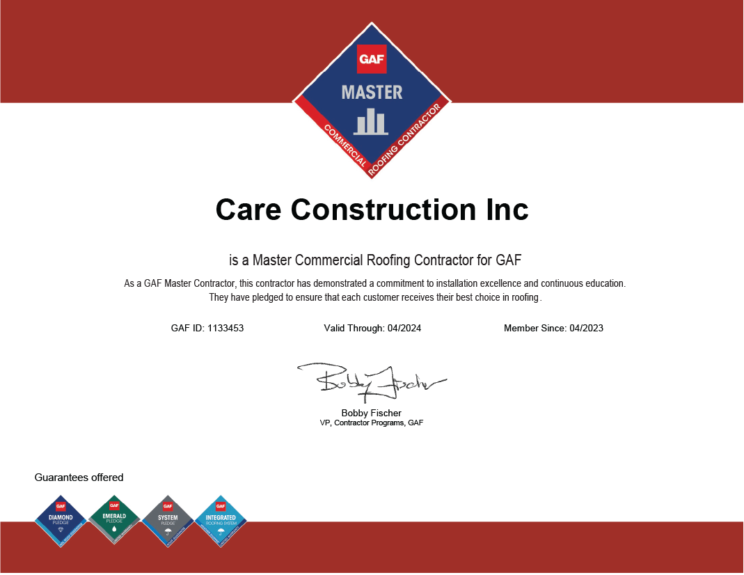 A certificate from the company care construction inc