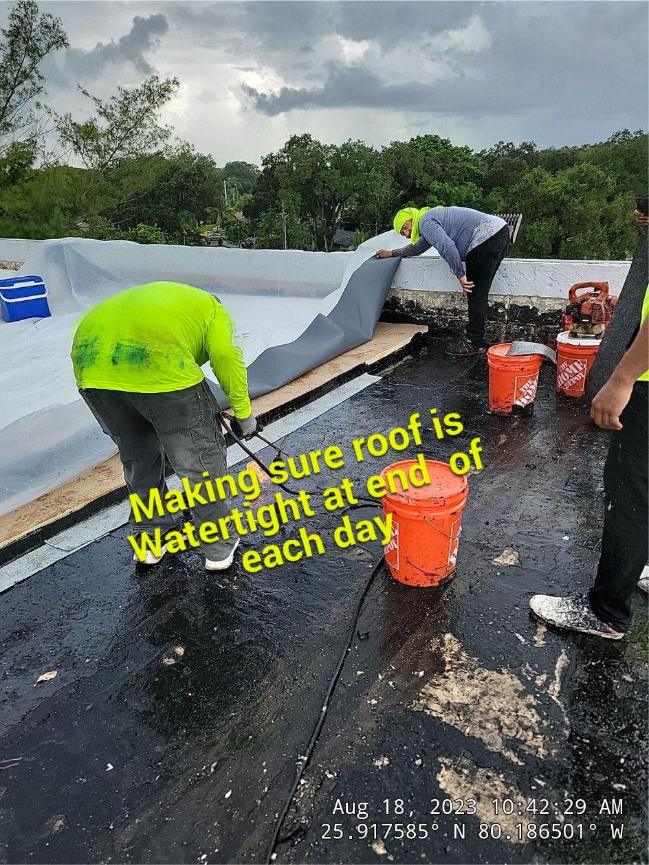 A group of people are working on a roof.