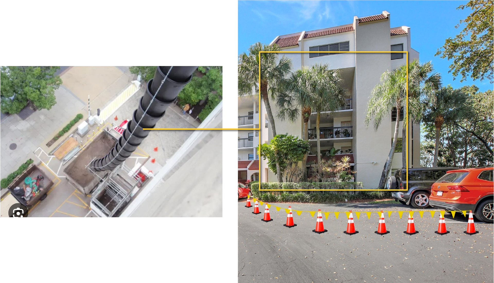 An aerial view of a building next to a row of traffic cones