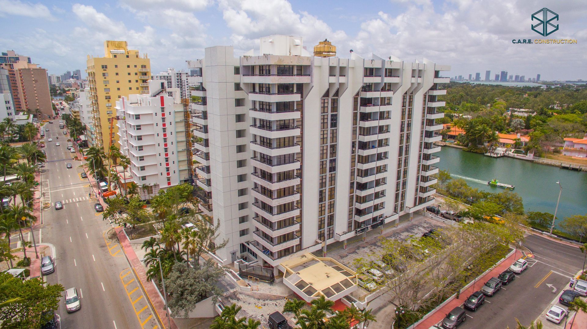 An aerial view of a city with a lot of tall buildings