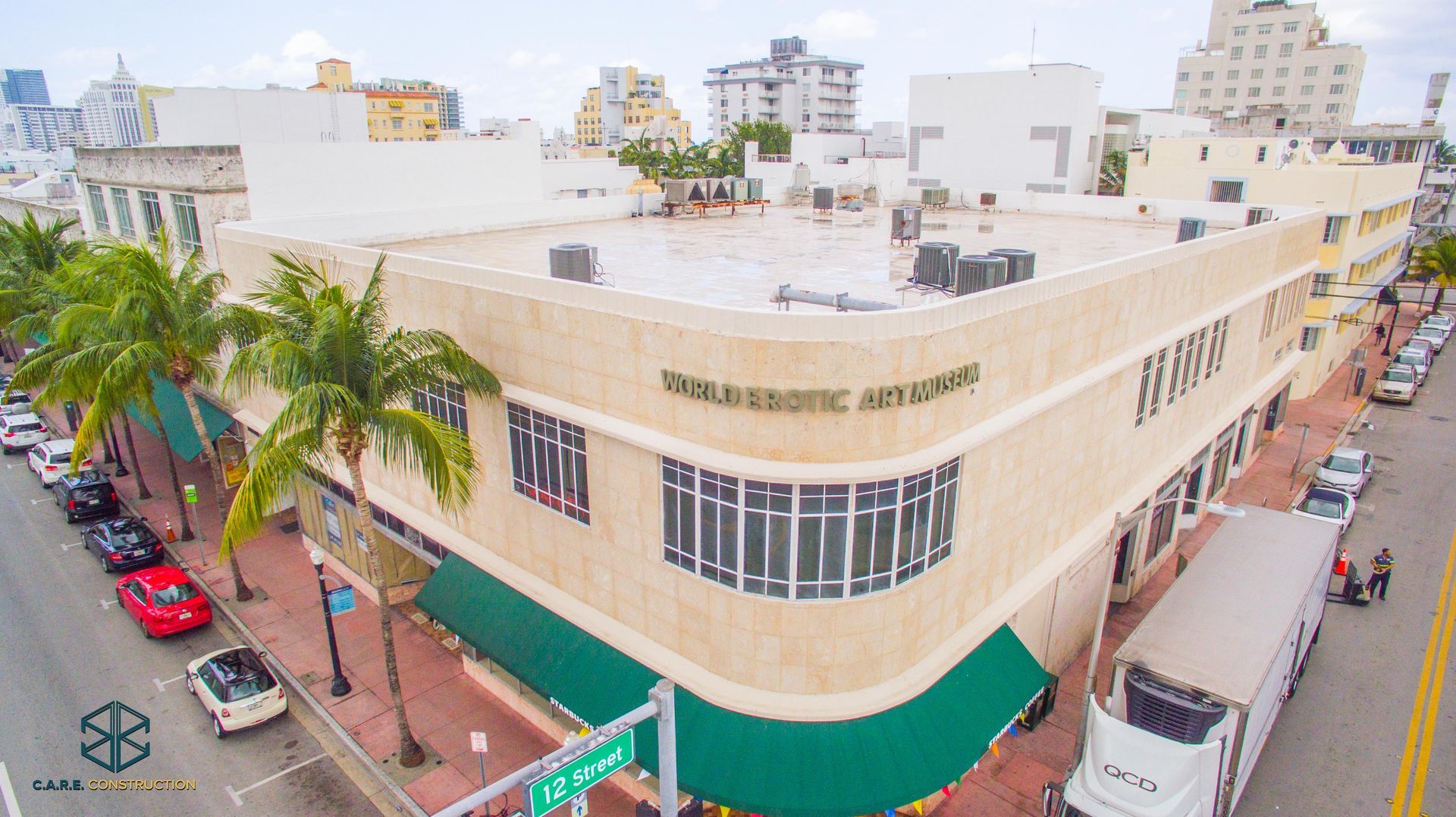 An aerial view of a large building in a city