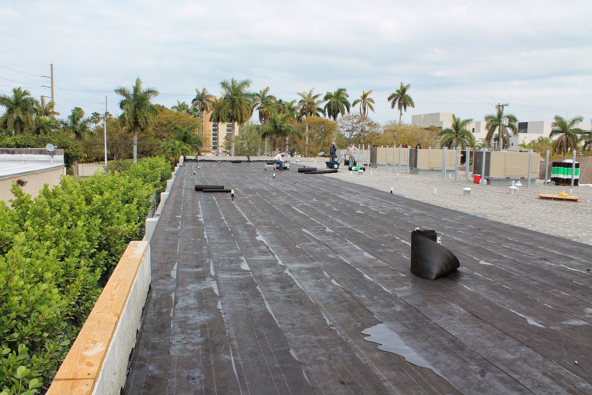 A roof that is being built with a lot of trees in the background