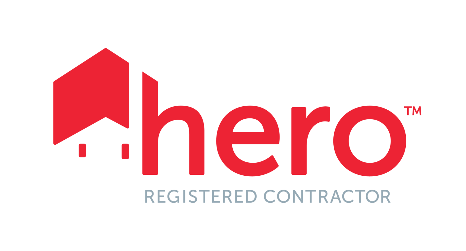 A red and white logo for a registered contractor.