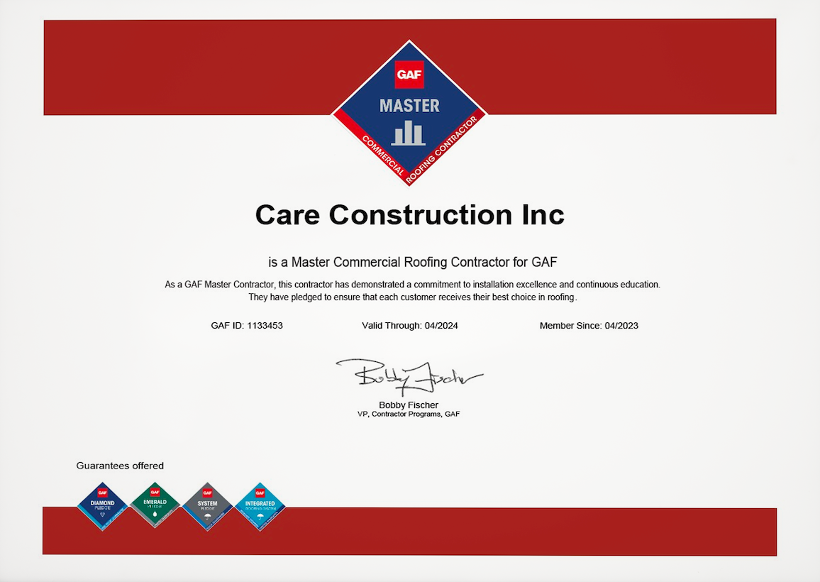 A red and white certificate for care construction inc