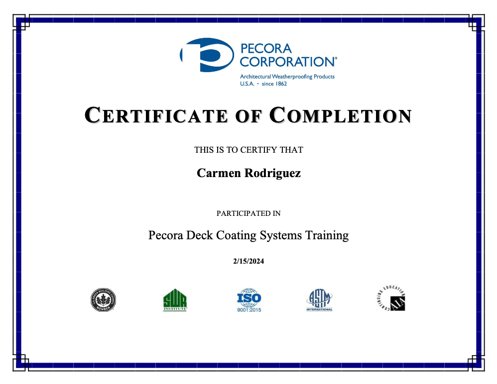 A certificate of completion from pecora corporation