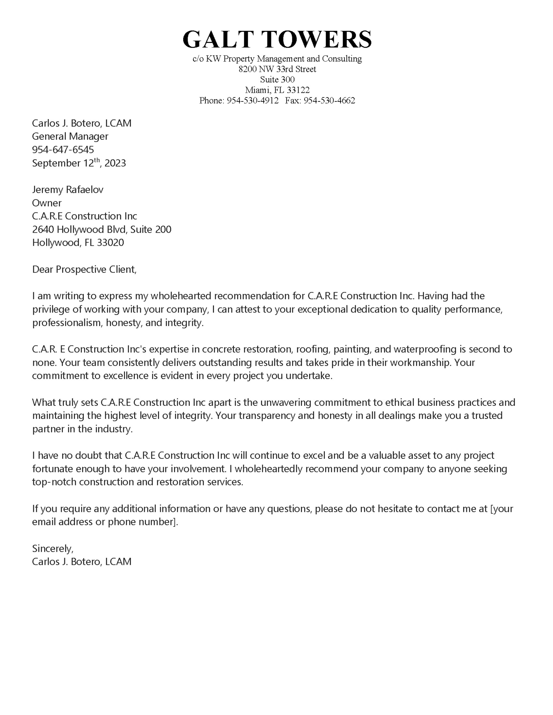 A black and white letter with the words gulf towers on it.