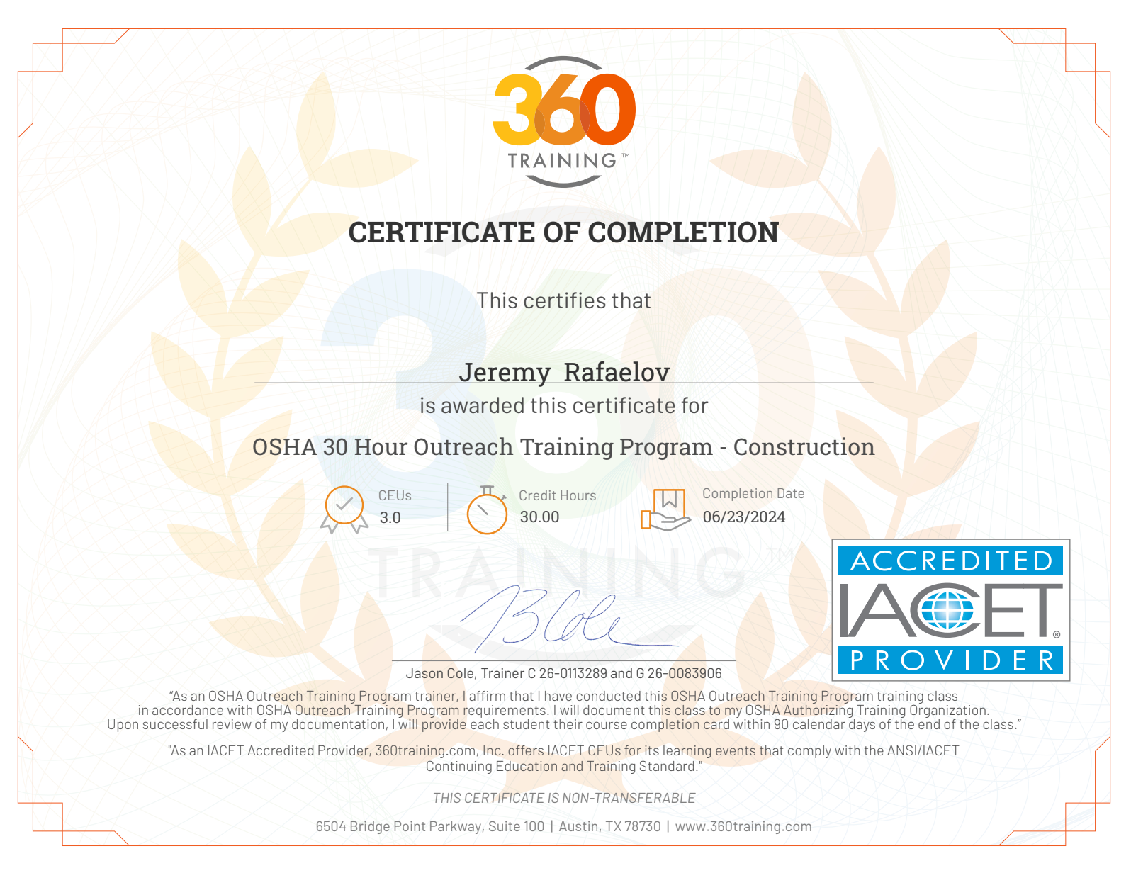 A certificate of completion from 360 degrees training