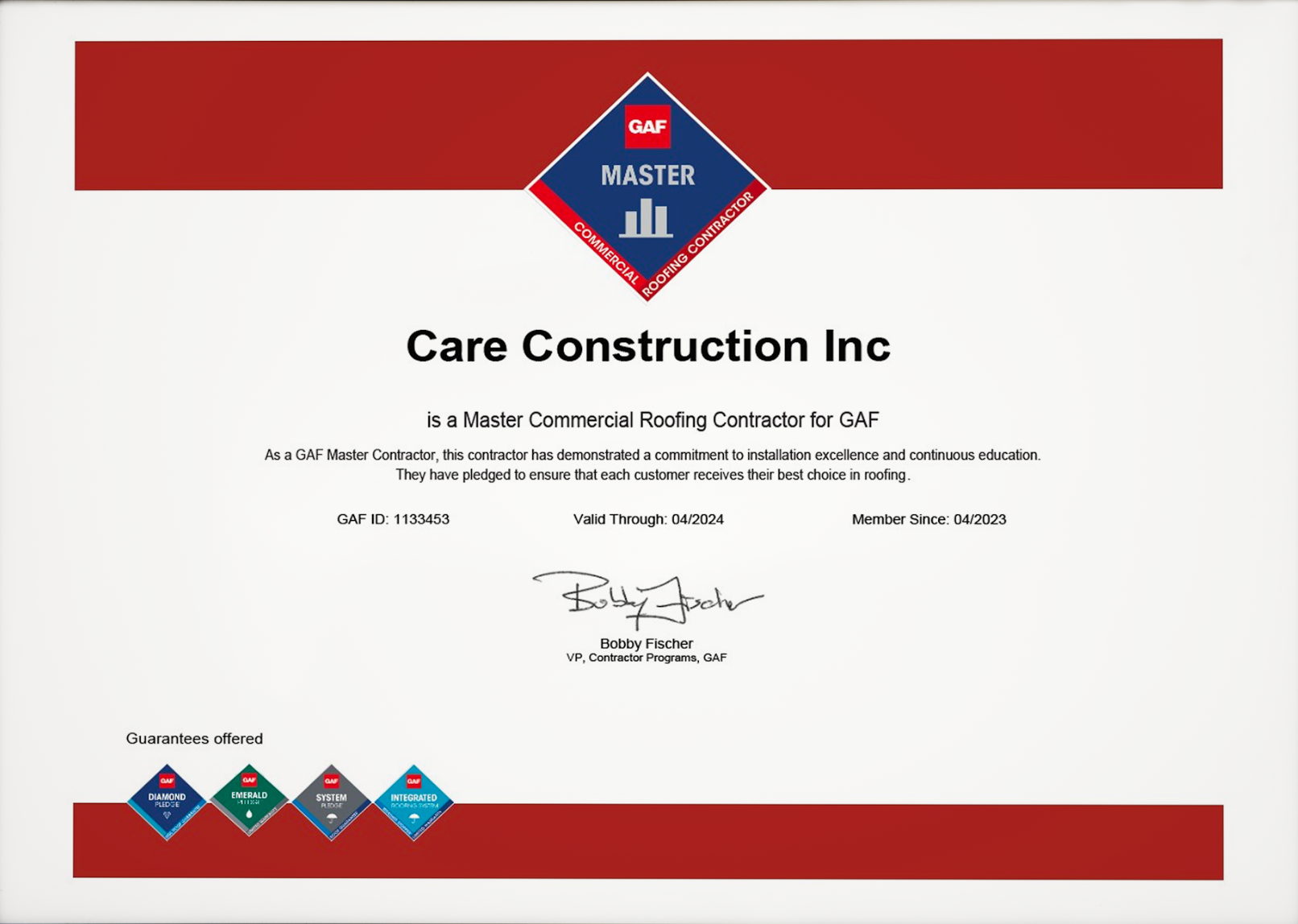 A red and white certificate for care construction inc