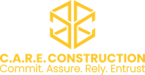 The logo for c.a.r.e. construction commit , assure , rely , entrust.