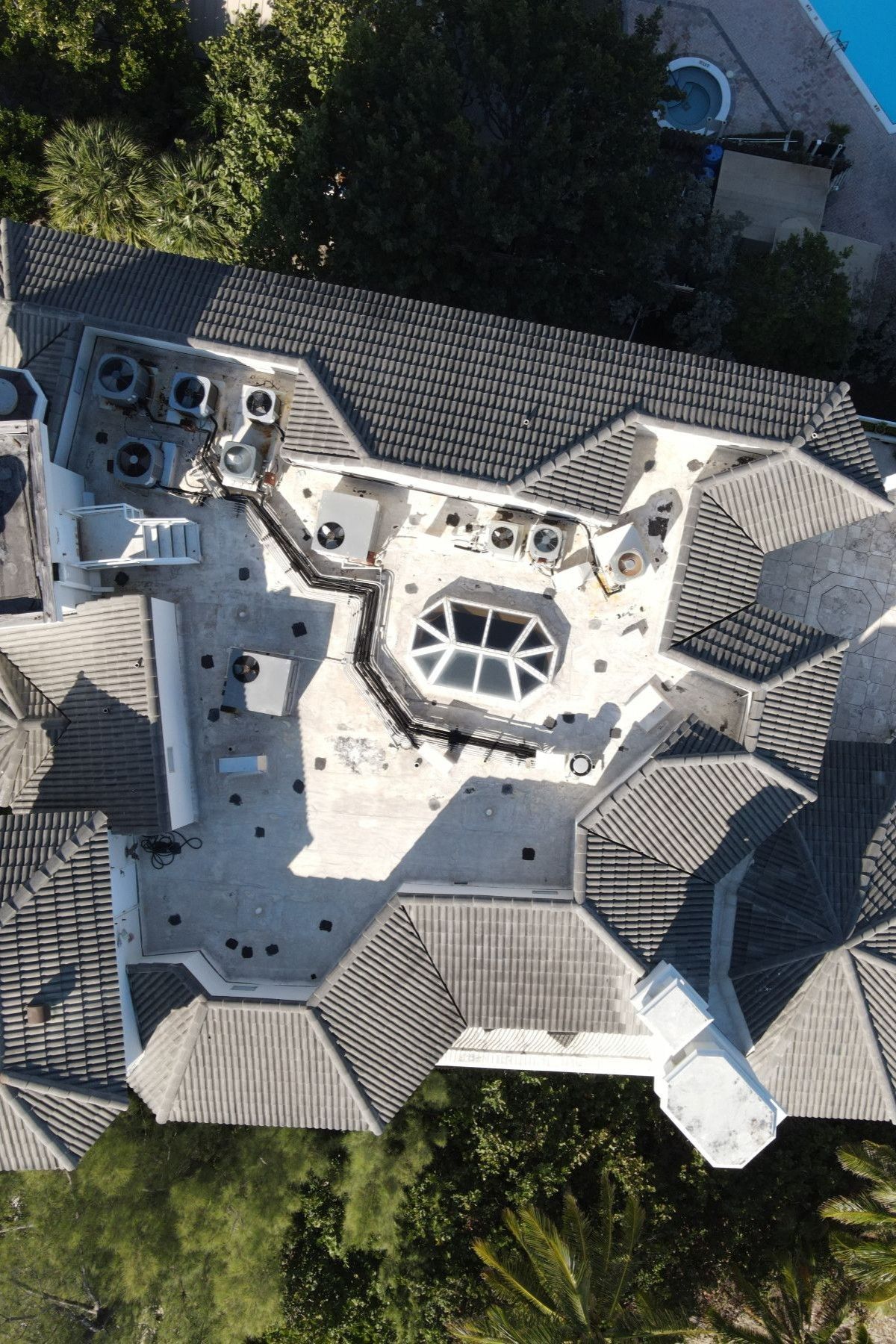 An aerial view of the roof of a building