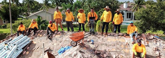 A group of construction workers are standing on top of a pile of dirt.