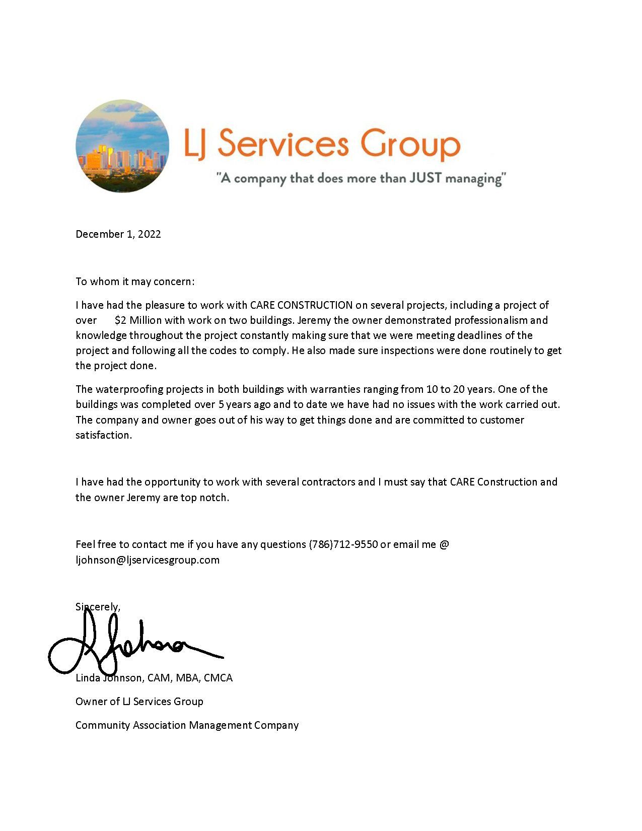 A letter from the lj services group with a signature on it.