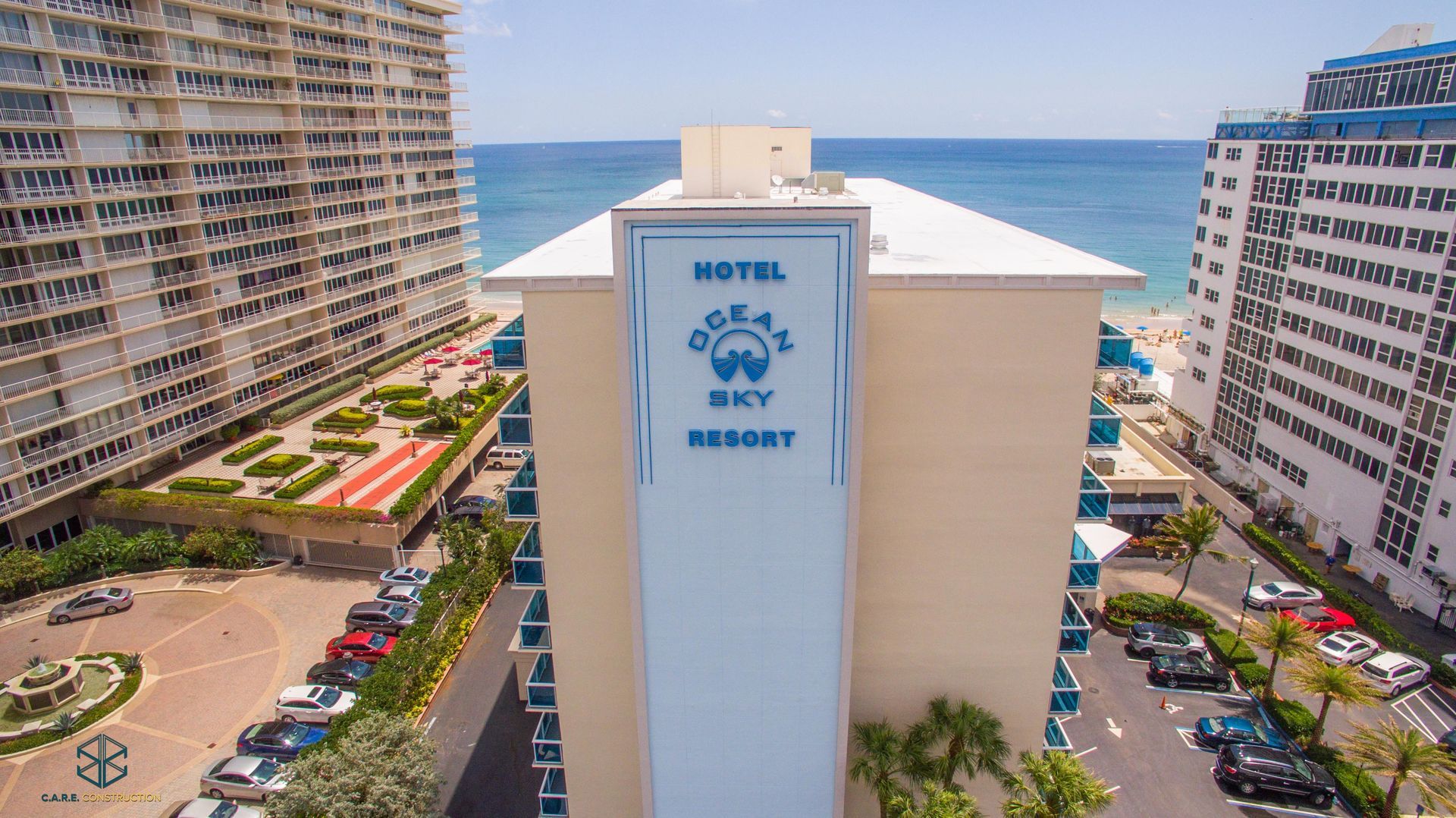 An aerial view of a hotel resort near the ocean