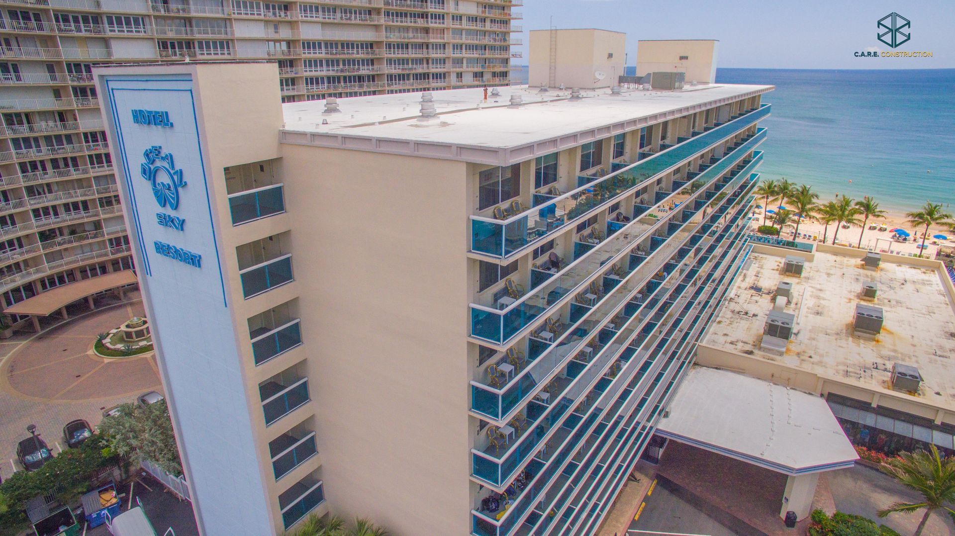 An aerial view of a hotel near the ocean